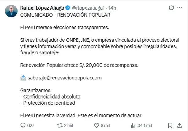 Rafael López Aliaga ofrece dinero para conseguir evidencias de presunto fraude.  