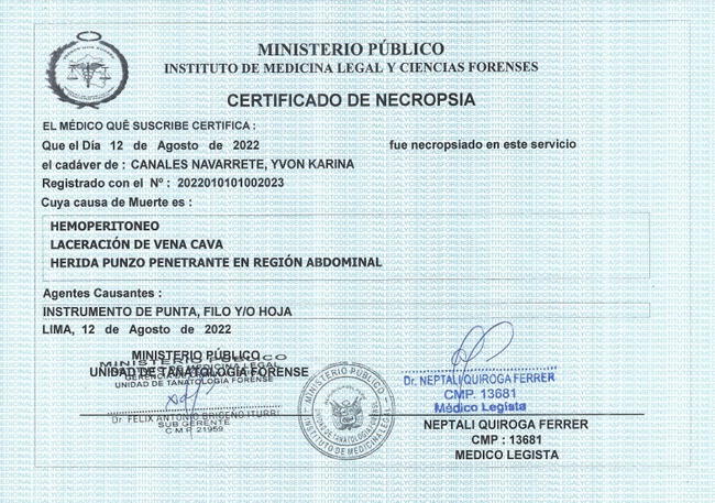 Necropsia del Ministerio Público sobre el caso ed Yvon Canales Navarrete.   