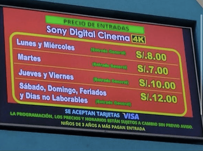 Precios de entrada que ofrece el cine ubicado en Minka. (Foto: captura de pantalla / Tripadvisor) 
