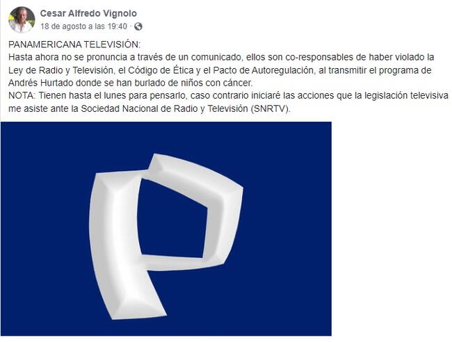 César Alfredo Vignolo y su mensaje a Panamericana Televisión. Fuente: Facebook.   