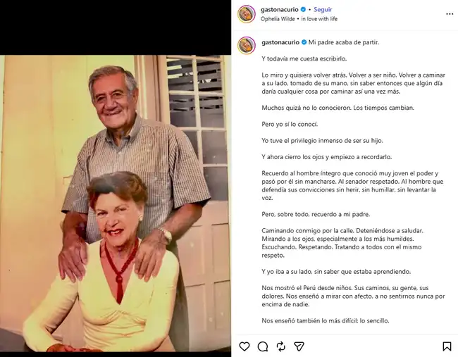 El reconocido chef Gastón Acurio dedicó unas conmovedoras palabras a su fallecido padre.  