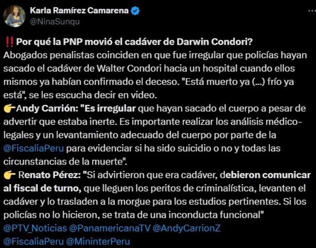 Abogados penalistas afirman que policías habrían cometido irregularidades en escena de Darwin Condori.   