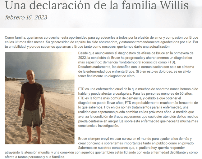 Comunicado de la familia de Bruce Willis.   