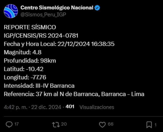 Temblor se registró en Barranca, al norte de Lima.   