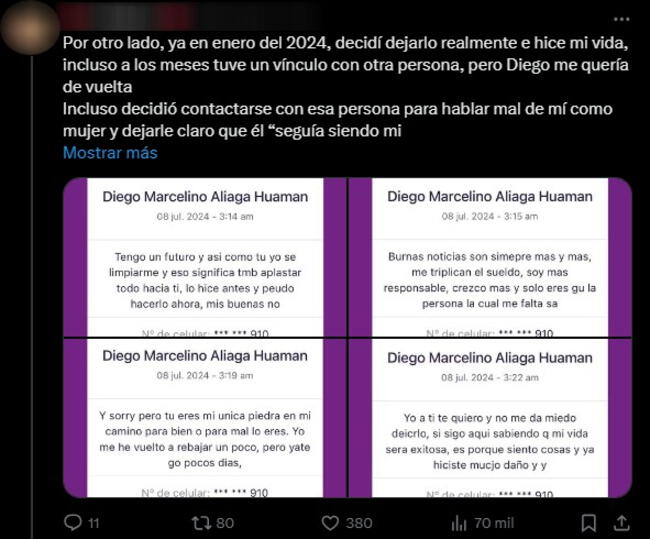 Denunciante presentó los mensajes que recibía de su agresor.   