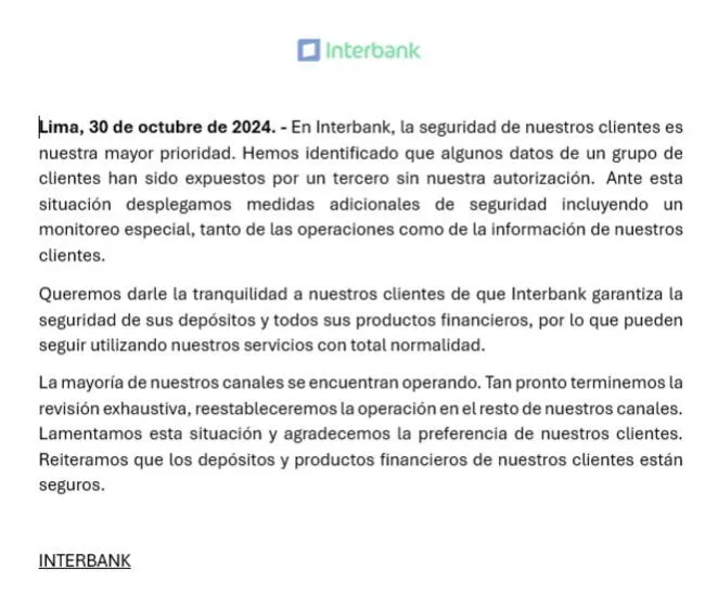 Comunicado de Interbank en donde reconoce la vulneración de su sistema.   