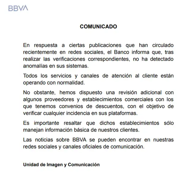 Comunicado del BBVA Comunicado del BBVA