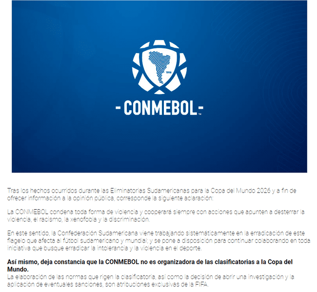 Comunicado de Conmebol tras lo sucedido con Perú y Brasil.   
