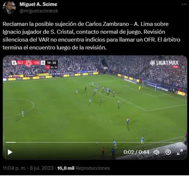 Postura del árbitro argentino Miguel Scime sobre la presunta falta de Zambrano sobre Ignácio.   