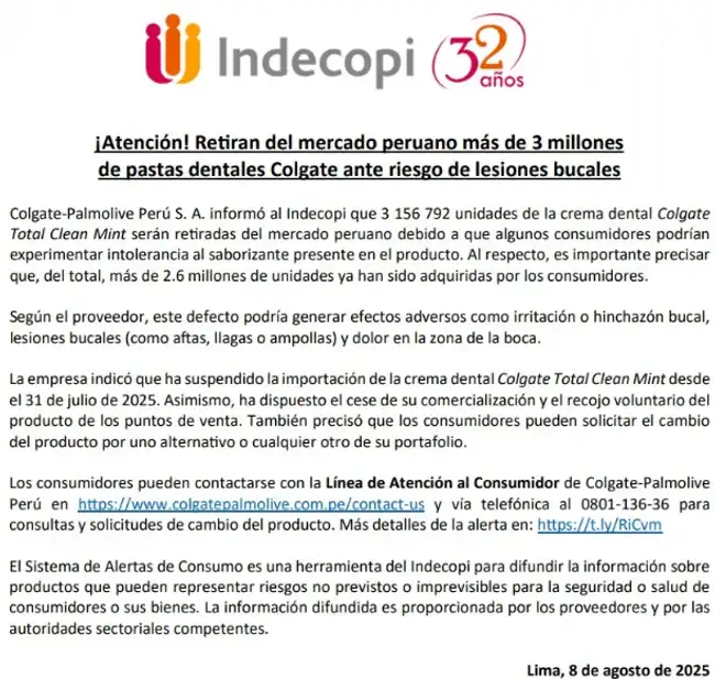 Comunicado de Indecopi sobre colgate Comunicado de Indecopi sobre colgate