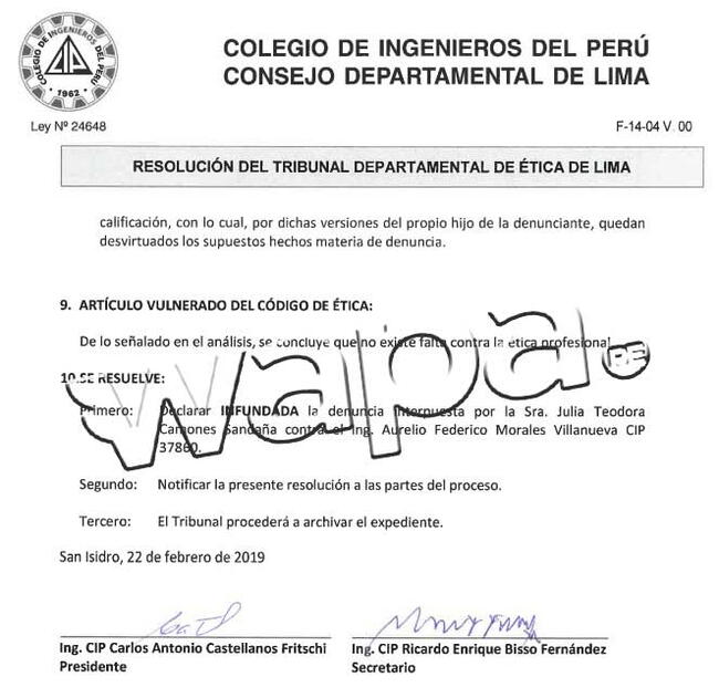 Fallo del Colegio de Ingenieros del Perú.   