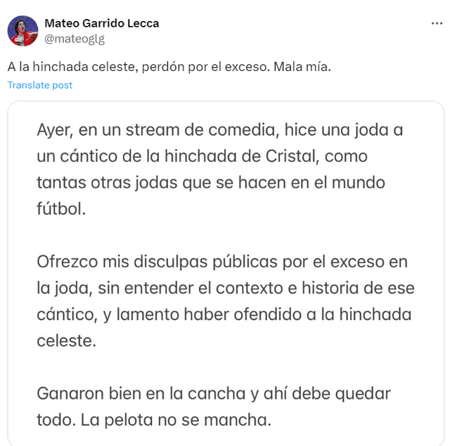 Mateo Garrido Lecca pide perdón a hinchada de Sporting Cristal tras burlarse de su cántico.   