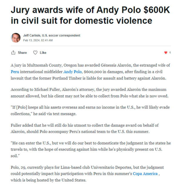 Información sobre la sentencia de Andy Polo por agresión.   