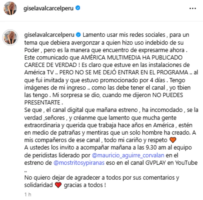 Comunicado de Gisela Valcárcel   