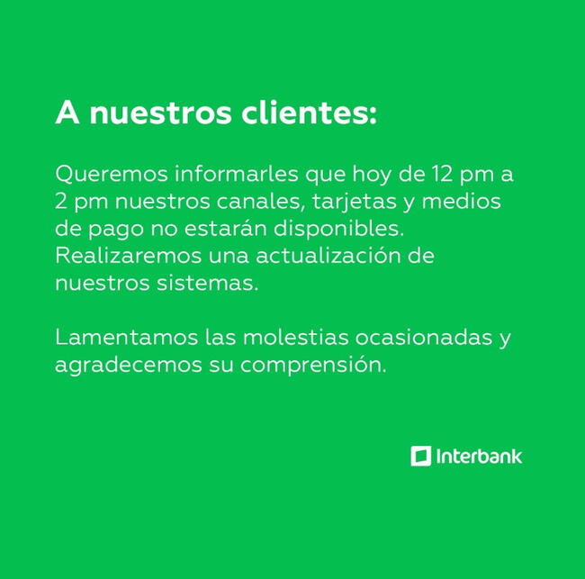 Interbank emitió nuevo comunicado sobre crisis digital en su sistema.   