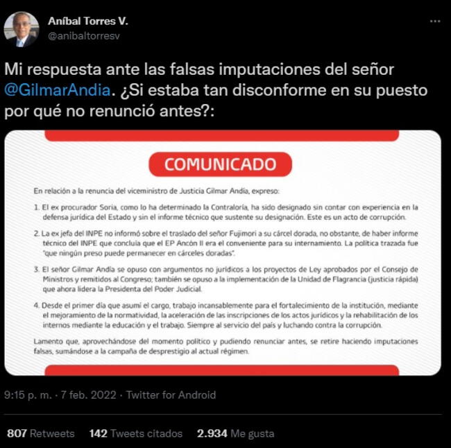 Respuesta de Aníbal Torres a exviceministro Gilmar Andía.   