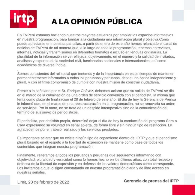 Comunicado de IRTP por el caso de Enrique Chávez.   