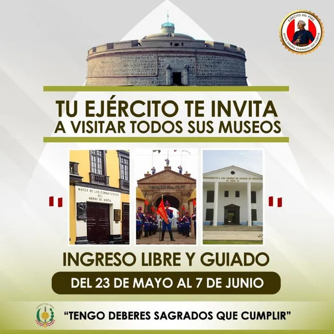  Ejército del Perú anuncia ingreso libre a los museos por el 142 aniversario de la epopeya del Morro de Arica.    