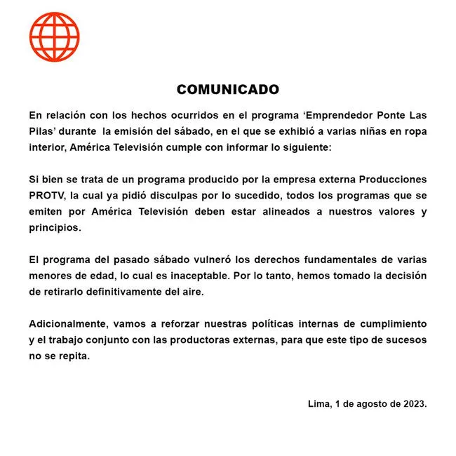 Comunicado de América Televisión informando el retiro definitivo del programa "Emprendedor Ponte Las Pilas".   