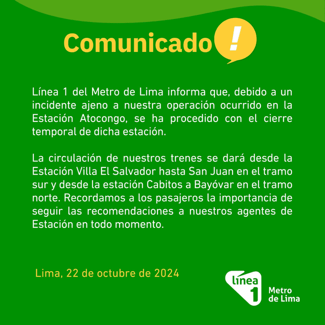 Comunicado de la Línea 1 del Metro de Lima.   