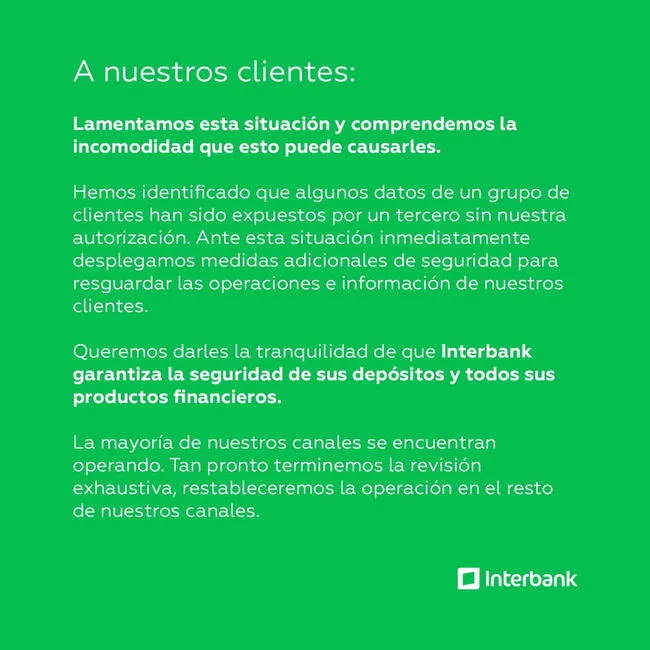 El comunicado de Interbank tras sufrir ataque a su sistema.   