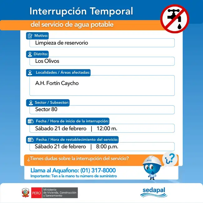  Corte de agua en Los Olivos durante el 21 de febrero. Fuente: Sedapal.   