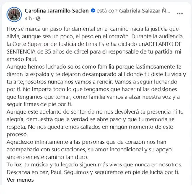 Viuda de Paul Flores compartió poderoso mensaje. 