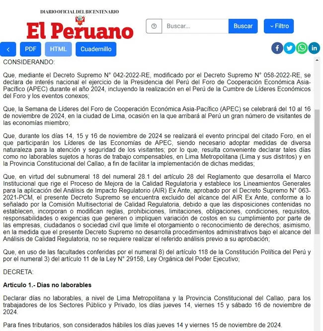 Decreto del Gobierno sobre los días no laborables por el APEC en el mes de noviembre. Fuente: El Peruano.   