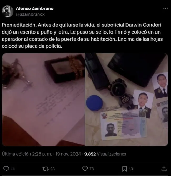 Suboficial Darwin Condori dejó escritos antes de suicidarse, según el periodista Alonso Zambrano.   