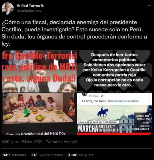 Mensaje de Aníbal Torres en su Twitter en contra de la fiscal Norah Córdova.   
