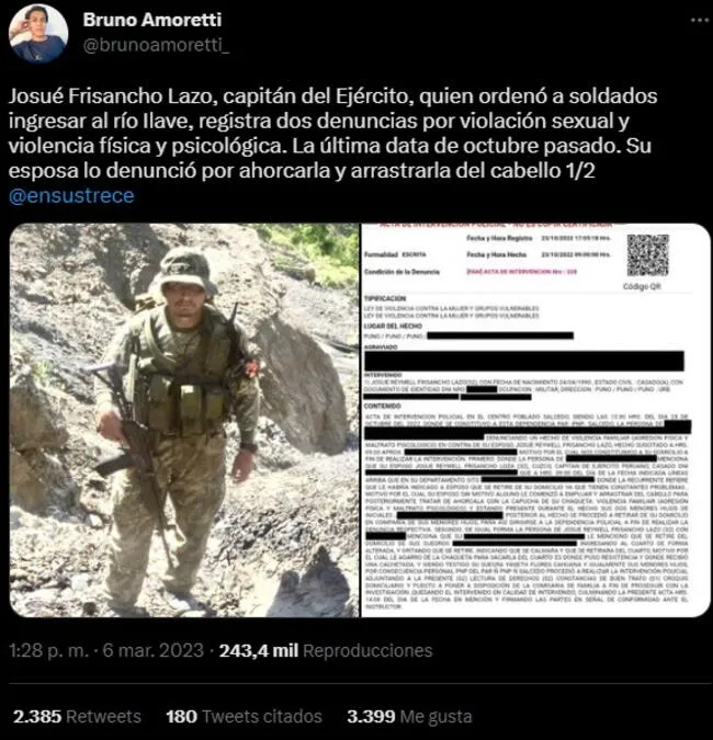  Josué Frisancho Lazo, capitán del Ejército, registra dos denuncias por violencia física y sexual.   
