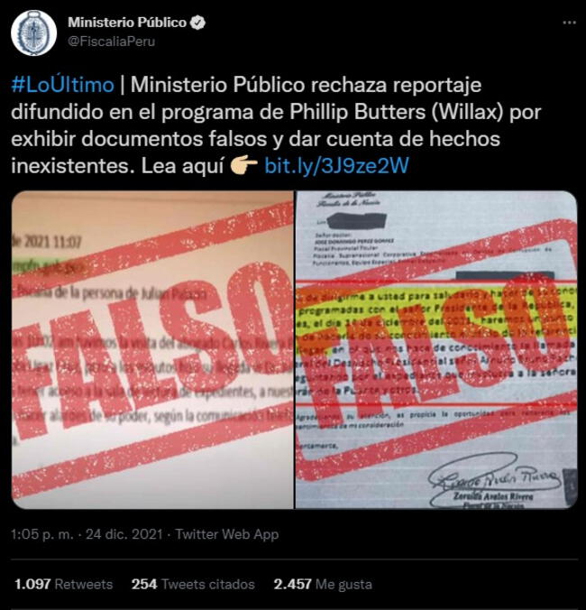 Ministerio Público rechazó el reportaje emitido por el programa de Phillip Butters.   