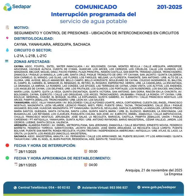 Corte en Cayma, Yanahuara, Arequipa y Sachaca. Corte en Cayma, Yanahuara, Arequipa y Sachaca.