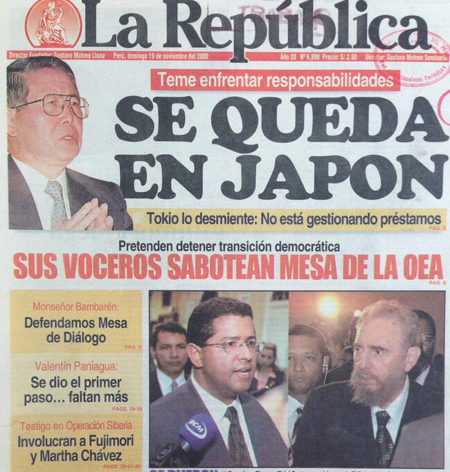 Portada de La República del 19 de noviembre de 2000.   