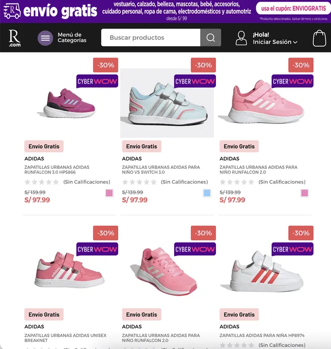 Ripley vende zapatillas Adidas a un reducido precio por el CyberWow.   