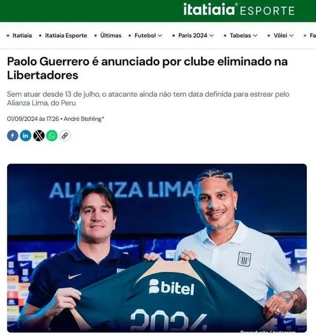 Medio brasileño se burla de Alianza Lima tras haber fichado a Paolo Guerrero para el Torneo Clausura 2024.   