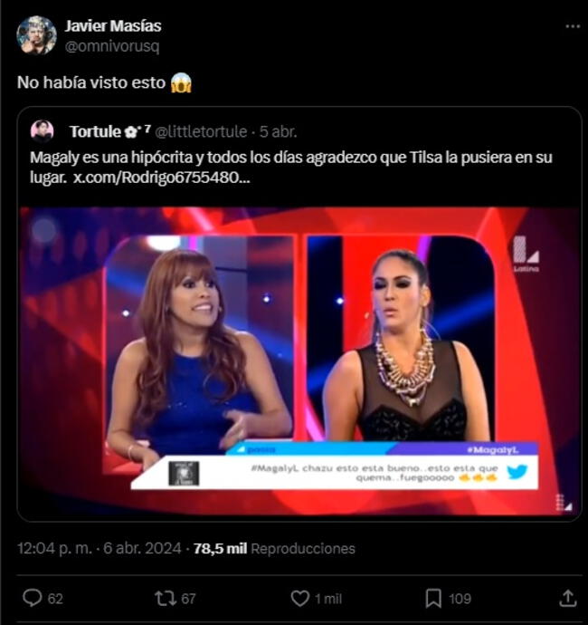 Reacción de Javier Masías sobre la discusión de Magaly Medina y Tilsa Lozano.   