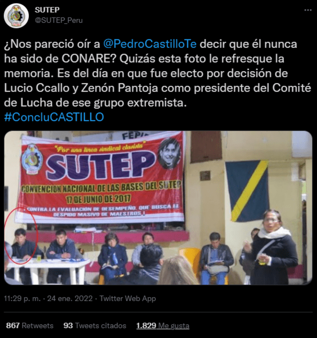 Tuit de SUTEP sobre Pedro Castillo.   