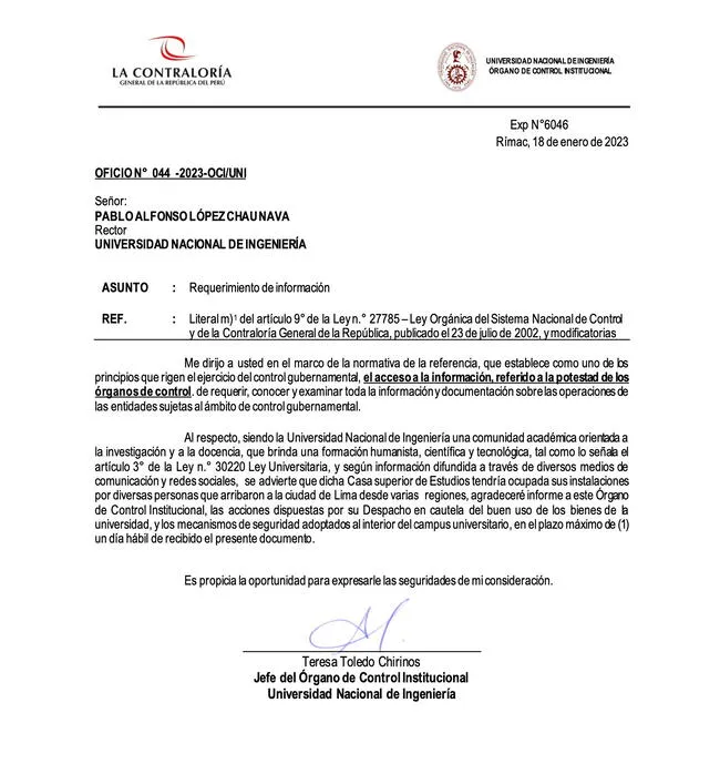 Contraloría emitió un comunicado en el que pide explicaciones a rector de la UNI. Foto: Exitosa/RPP/Difusión.   