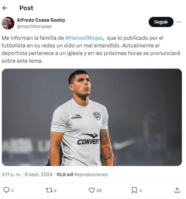 Familia de Hansell Riojas se pronunció sobre el escrito del jugador.   