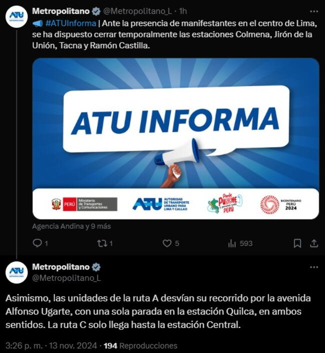 Metropolitano informó el cierre de cuatro estaciones por el paro de transportistas.   