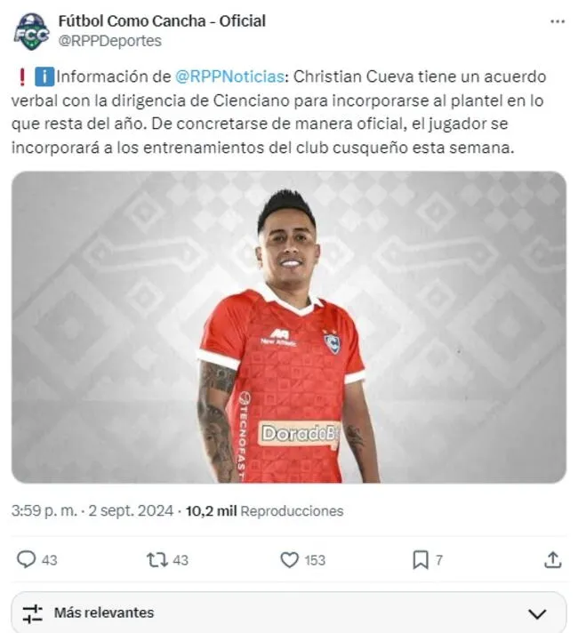 Christian Cueva cerca de volver a Cienciano tras llegar a un acuerdo con la dirigencia.   