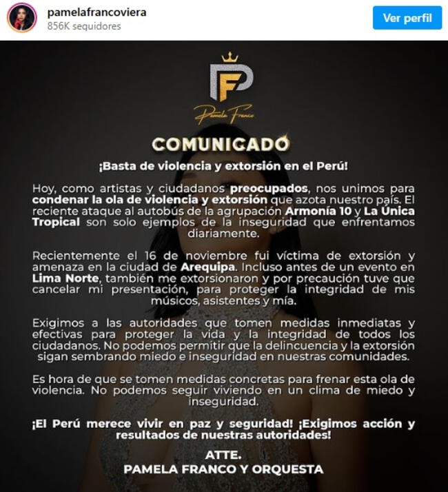 Comunicado de Pamela Franco informando que viene siendo extorsionada.   