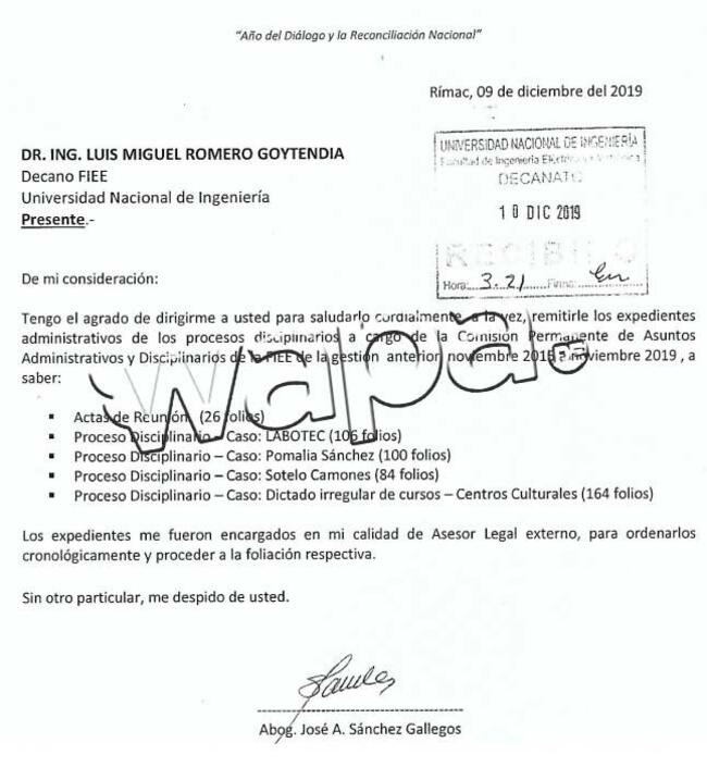 Carta enviada por el abogado José Sánchez al decano de la FIEE, Luis Romero Goytendía.   