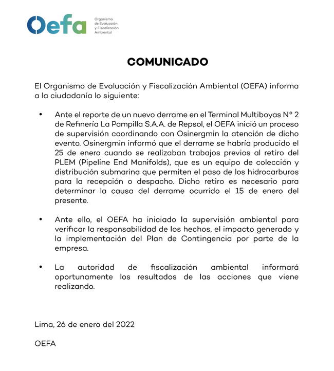Comunicado de OEFA que confirma segundo derrame de petróleo.   