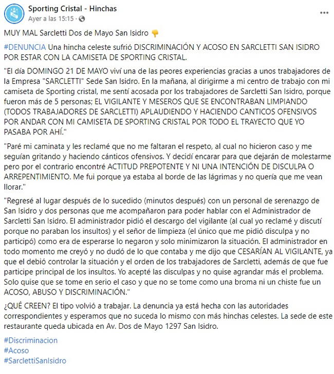 Hincha de Sporting Cristal denunció acoso de trabajadores de Sarcletti.   