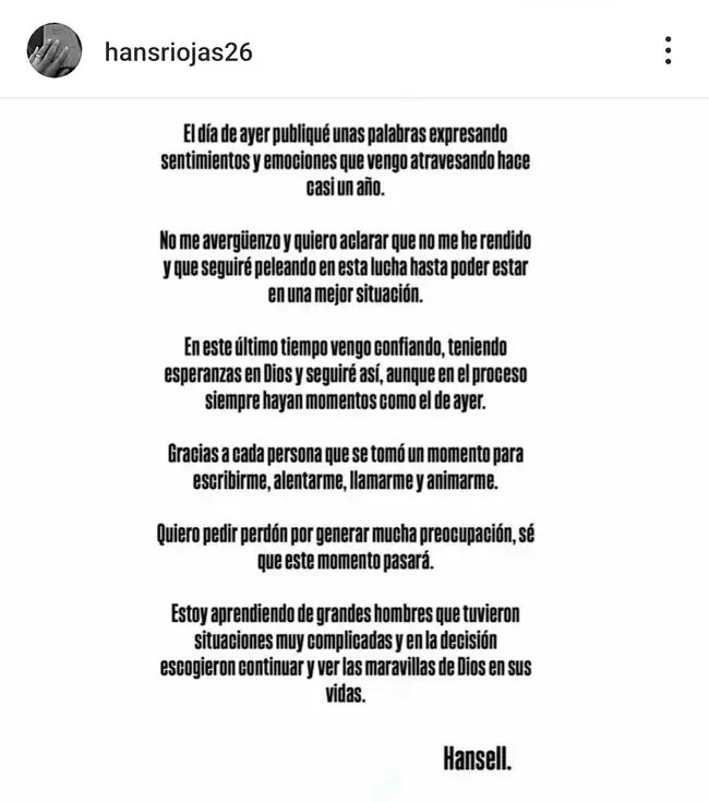 Hansell Riojas agradeció apoyo tras publicar desgarrador mensaje en sus redes sociales.   