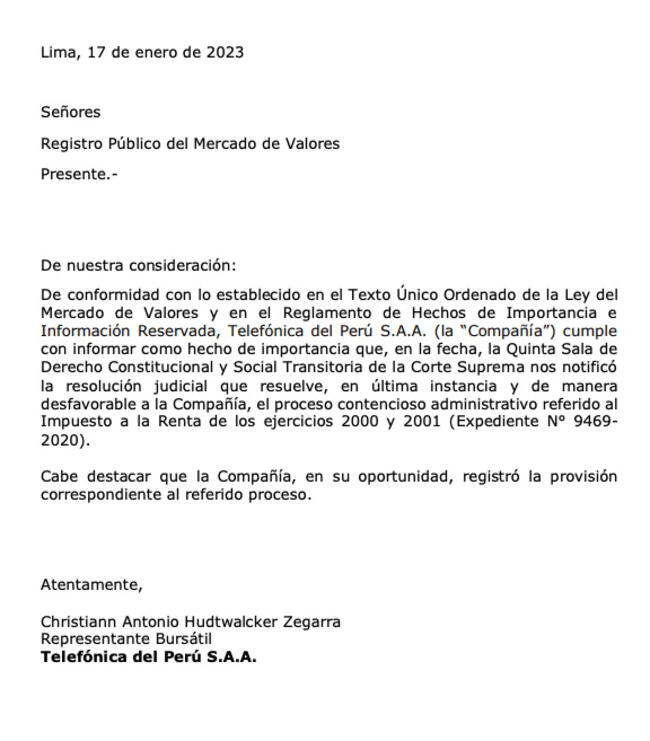 Carta donde se confirma la sentencia desfavorable a Telefónica.   