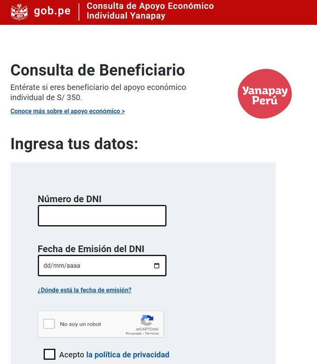 Descubre si eres beneficiario del Bono Yanapay Perú a través de la página oficial. (Foto: captura de pantalla)   