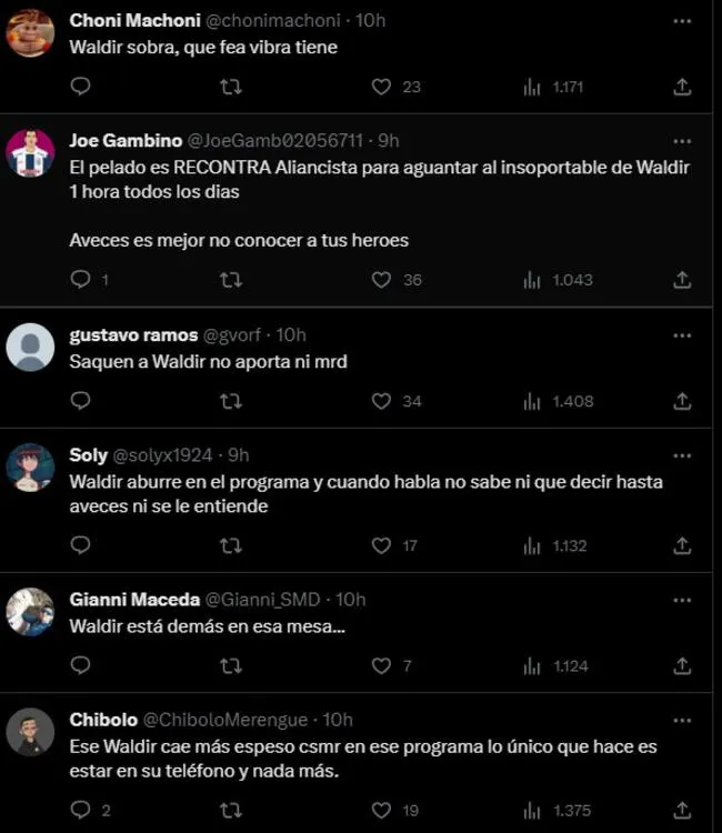 Comentarios de usuarios en redes sobre la polémica de Gonzalo Núñez y Waldir Sáenz.   